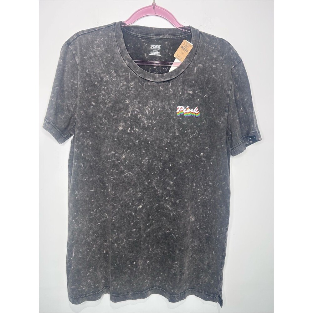 NWT PINK Victoria’s Secret Rainbow Dog Acid Wash Graphic Tee Charcoal Gray